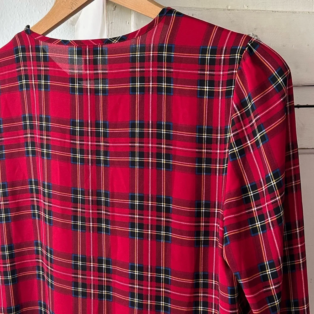J. Crew | Women’s Red/Multi Tartan Plaid Crewneck Ruffle Sleeve Hems Top, Size S